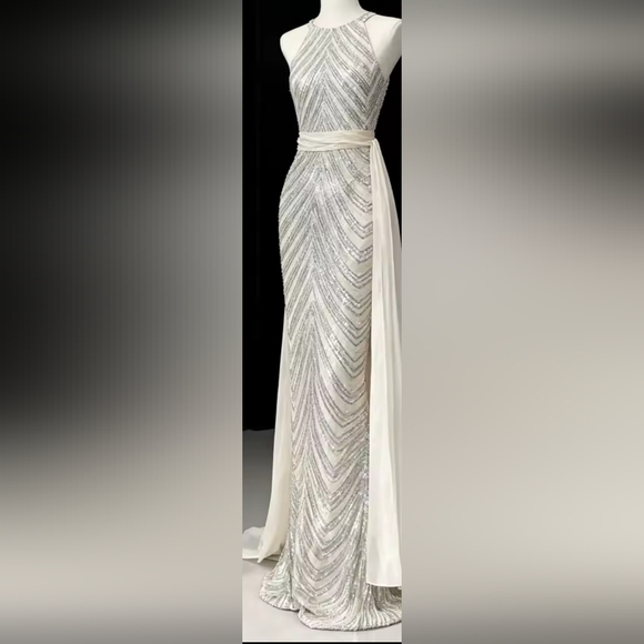 Silver,  O Neck, Sleeveless,  Detachable Skirt, Sequined Mermaid Gown - Picture 2 of 16